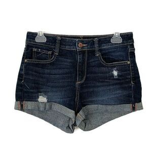 💥5/$25 Arizona sz 9 Shorts Denim Dark Wash Faded Distressed Shortie Roll Cuff